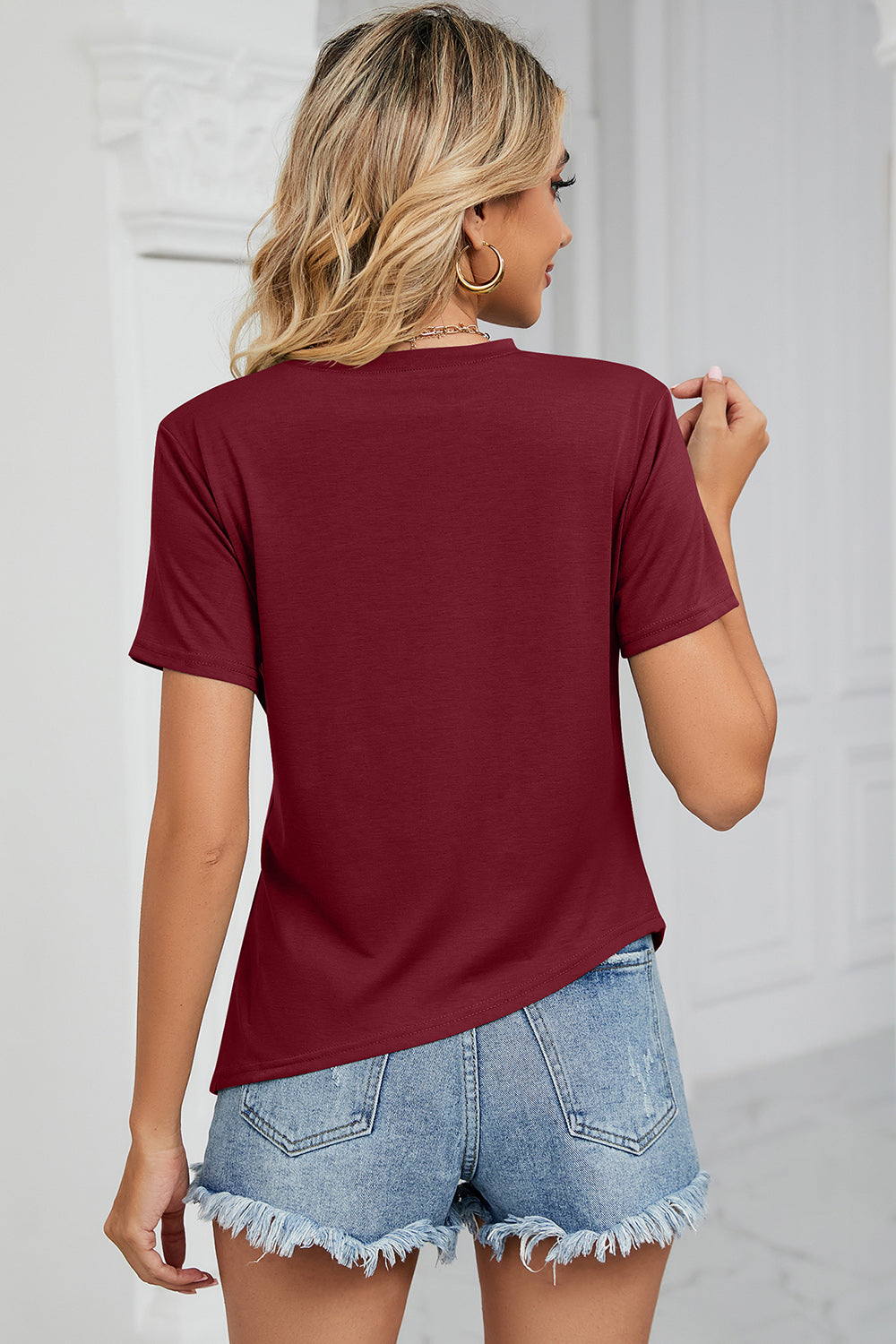 Ruched Round Neck Short Sleeve T-Shirt-Angel Casuals
