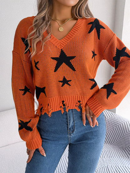 Star Pattern Distressed V-Neck Cropped Sweater-Angel Casuals