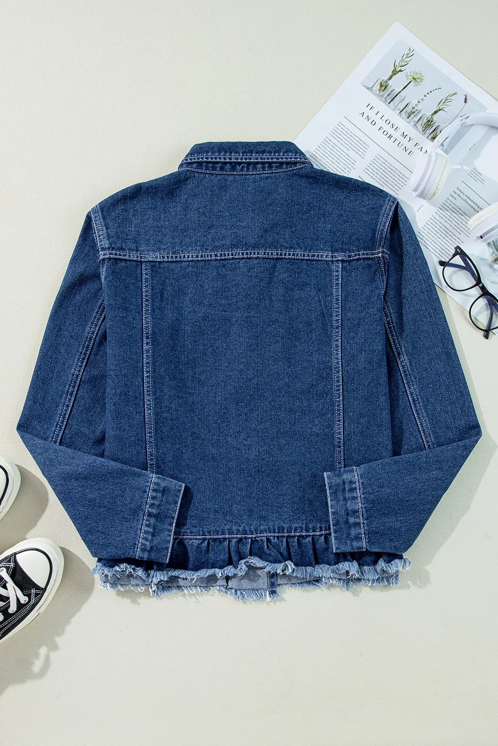 Raw Hem Long Sleeve Denim Jacket-Angel Casuals