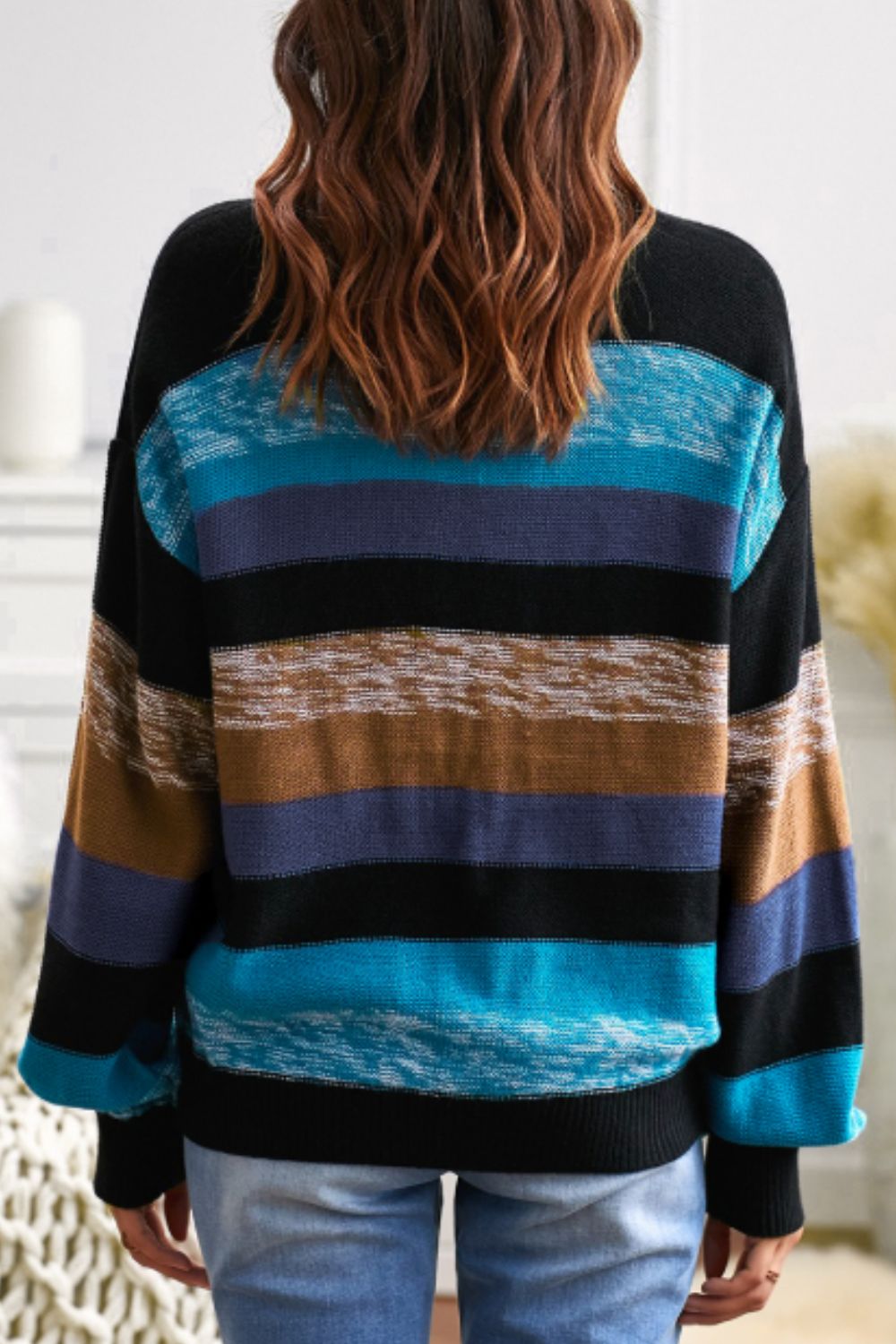 Contrast Striped Round Neck Drop Shoulder Sweater-Angel Casuals