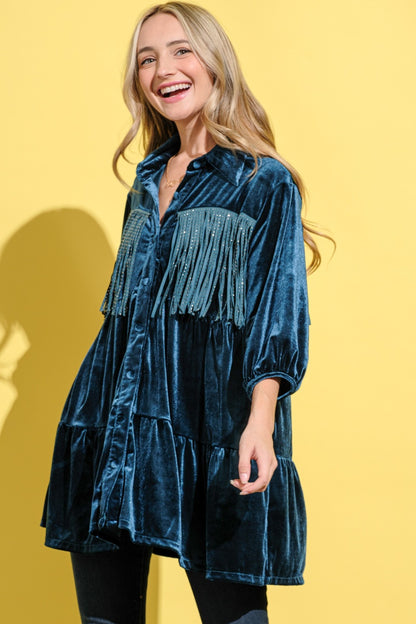 And The Why Fringe Detailed Velvet Shirt Dress-Angel Casuals