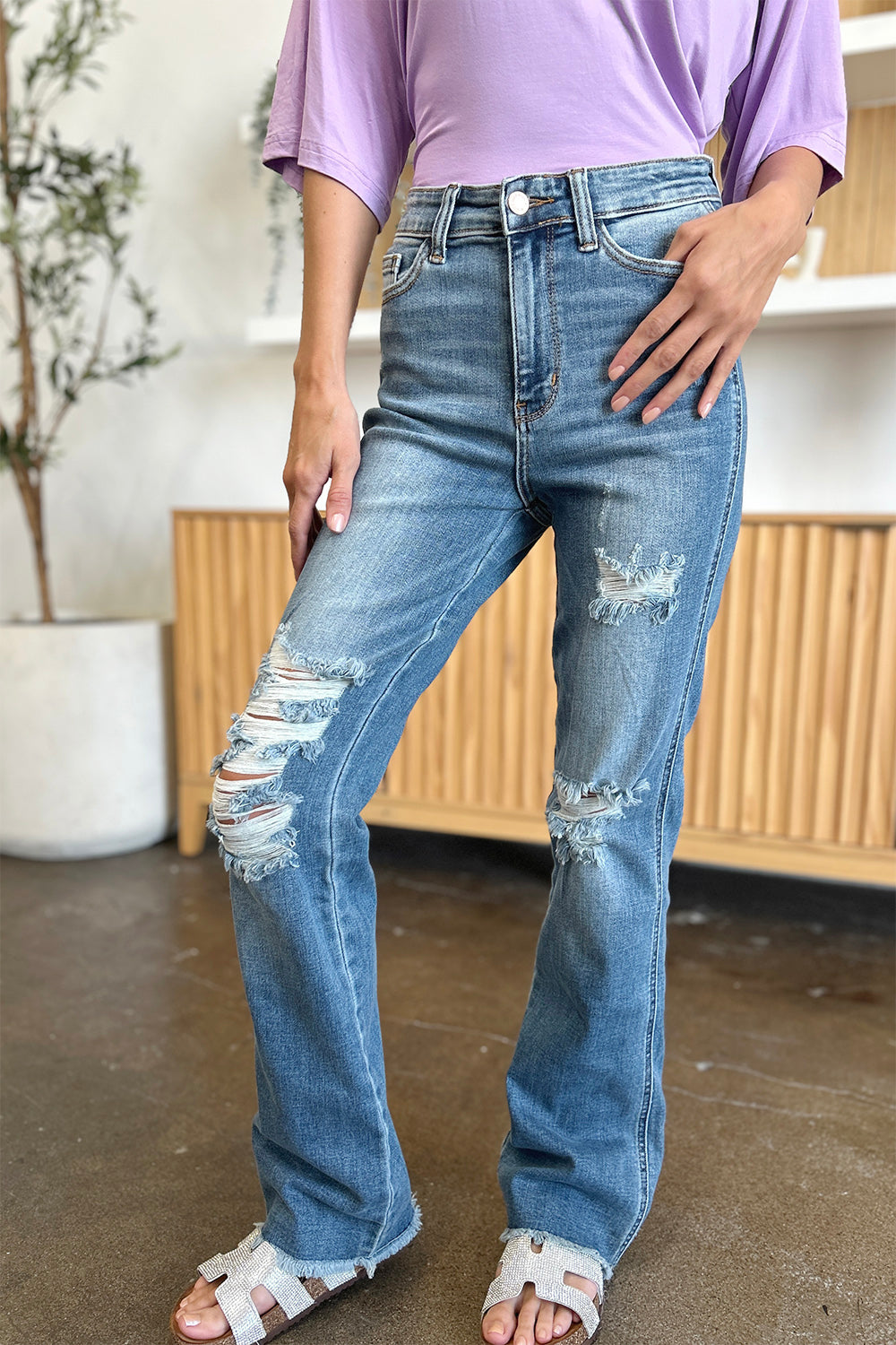 Judy Blue Full Size Distressed Raw Hem Bootcut Jeans-Angel Casuals