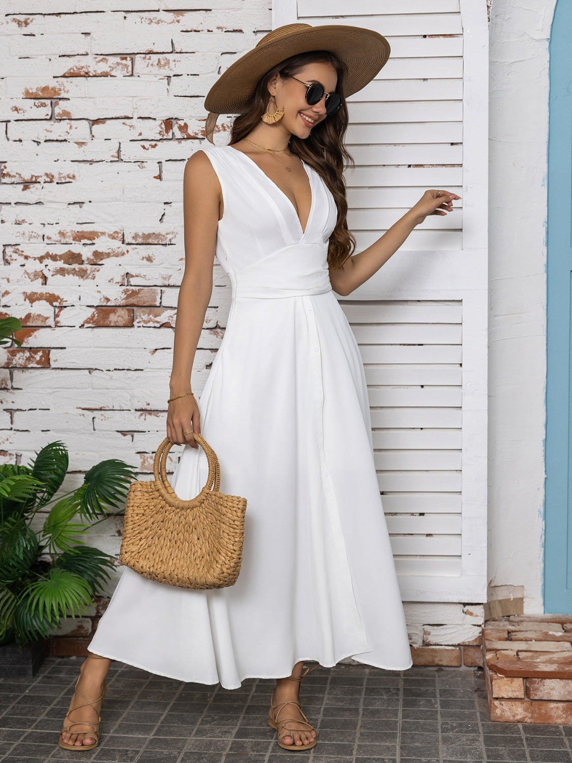 Full Size Slit V-Neck Sleeveless Midi Dress-Angel Casuals