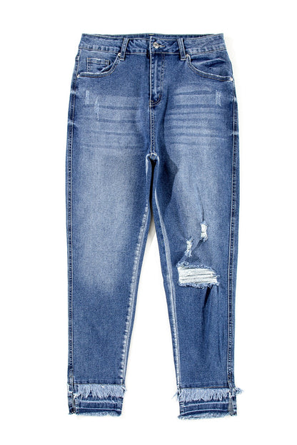 Raw Hem Distressed Jeans with Pockets-Angel Casuals