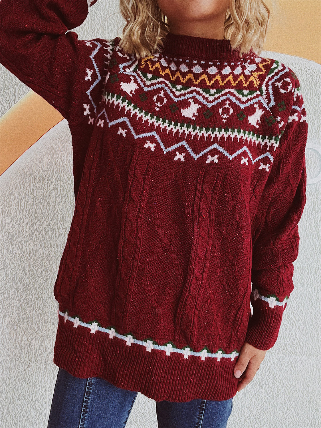 Cable-Knit Mock Neck Long Sleeve Sweater-Angel Casuals