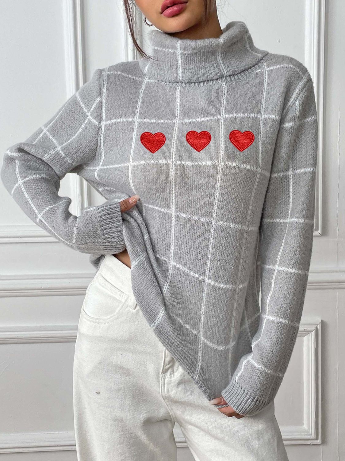 Heart Plaid Turtleneck Long Sleeve Sweater-Angel Casuals