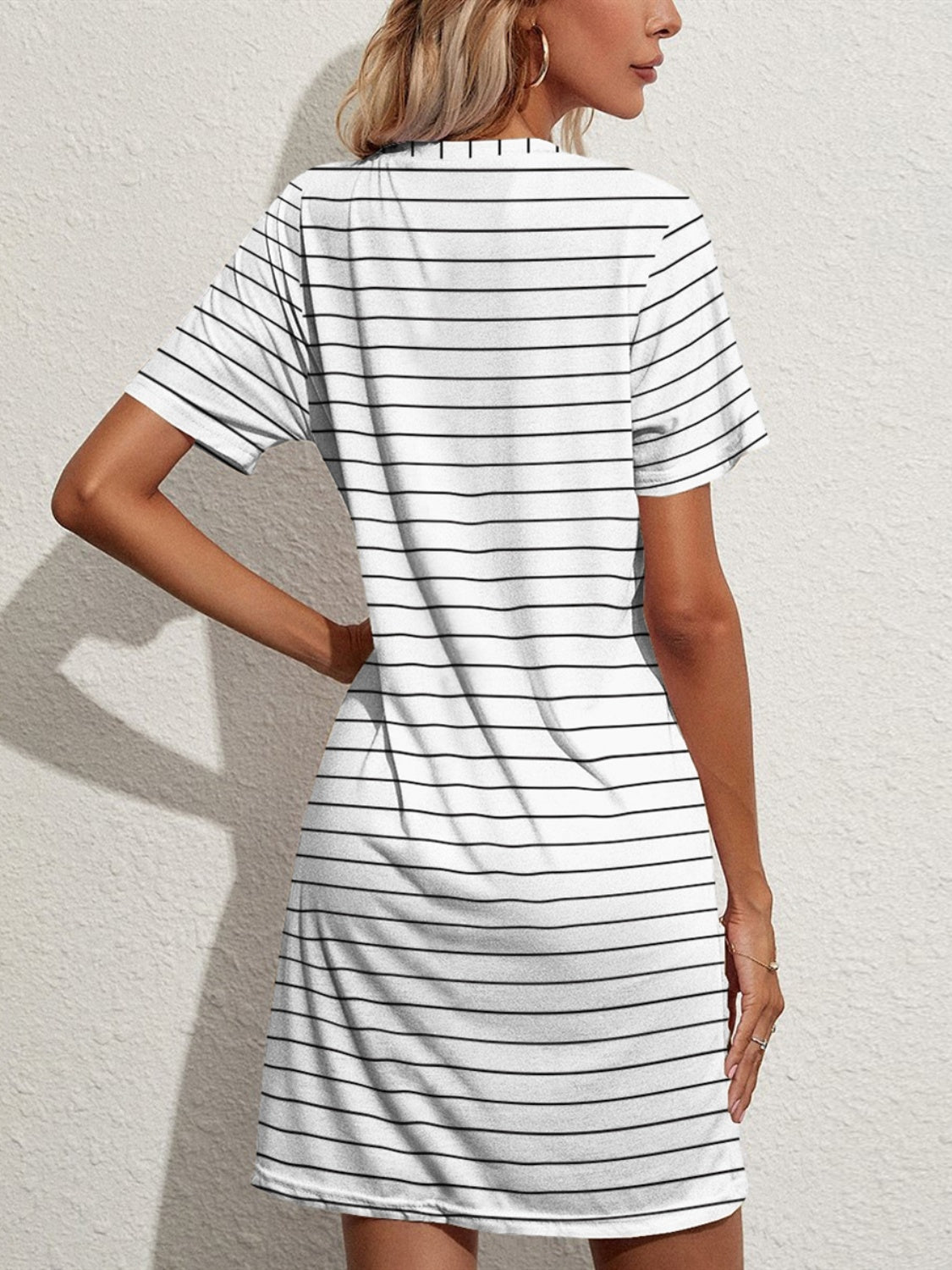 Pocketed Striped Round Neck Short Sleeve Dress-Angel Casuals