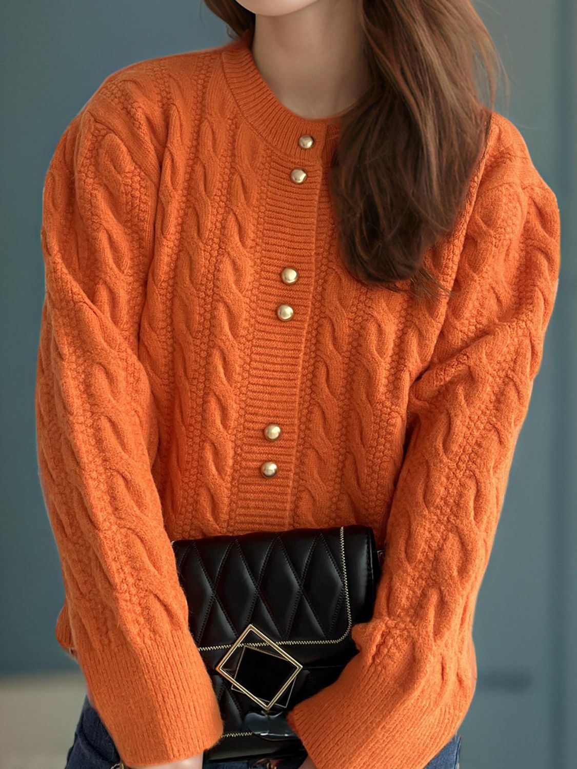 Cable-Knit Round Neck Long Sleeve Cardigan-Angel Casuals