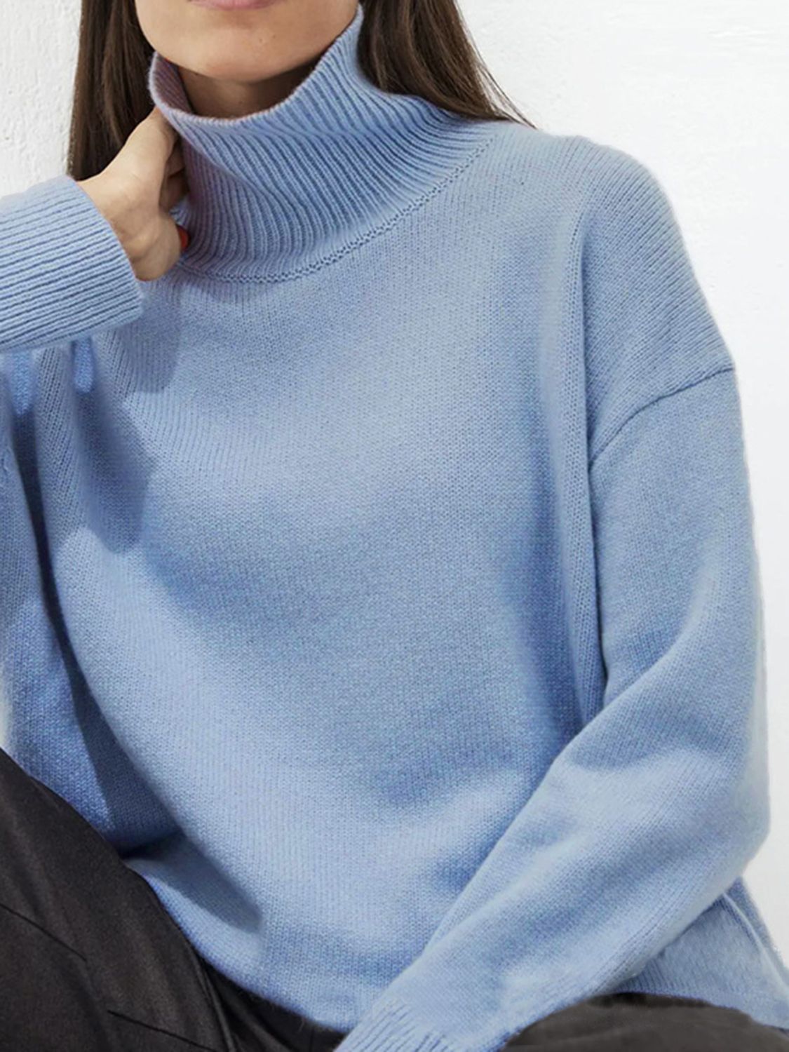 Ribbed Detail Turtleneck Dropped Shoulder Sweater-Angel Casuals