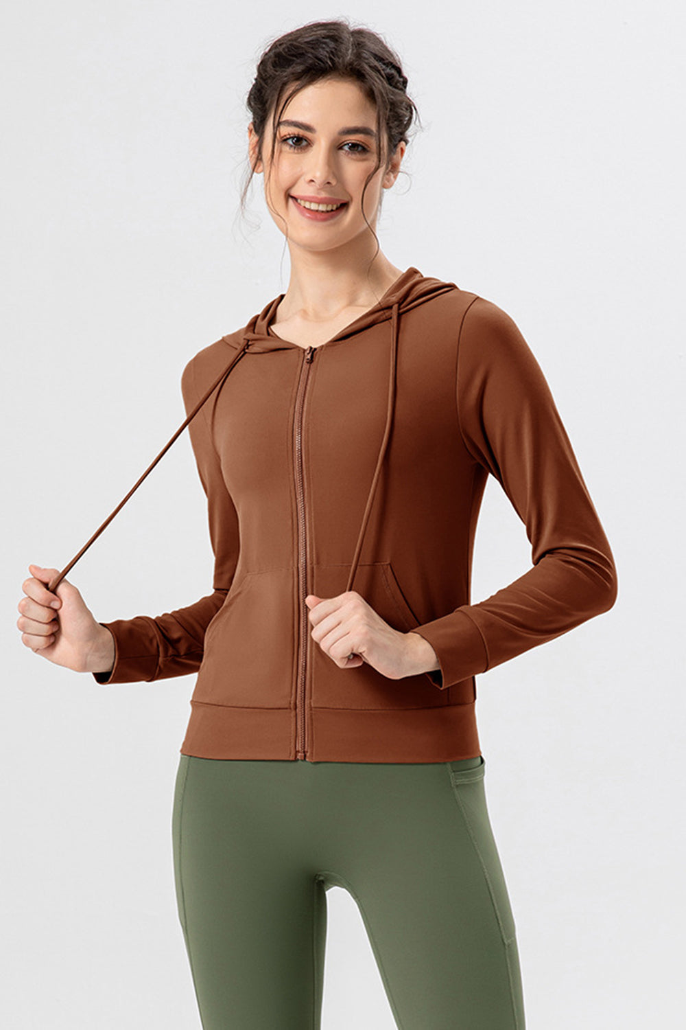 Drawstring Zip Up Hooded Active Outerwear-Angel Casuals