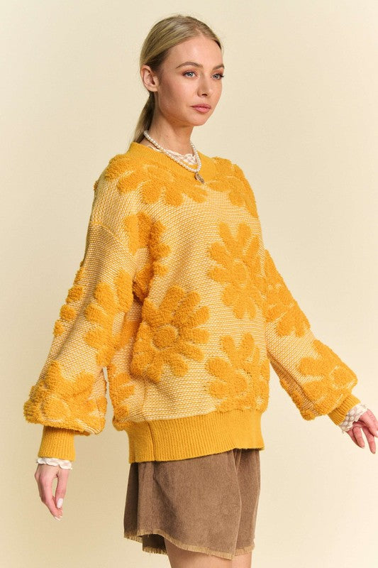 Davi & Dani Flower Texture Round Neck Dropped Shoulder Sweater-Angel Casuals