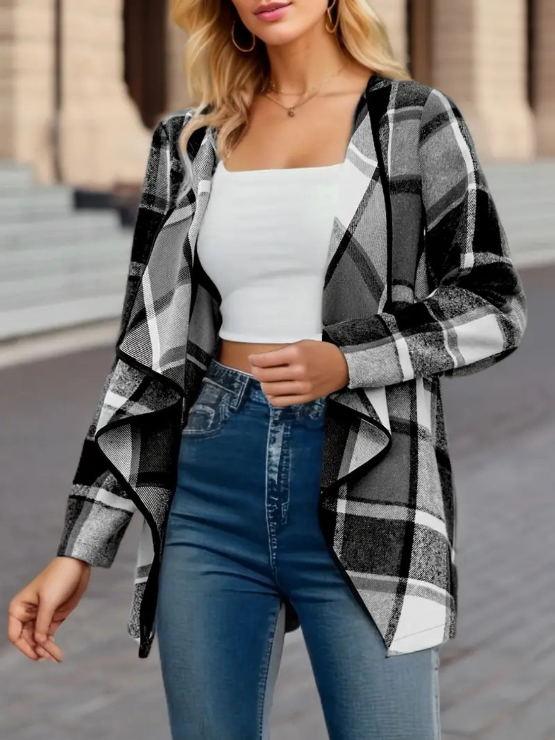 Plaid Open Front Long Sleeve Jacket-Angel Casuals