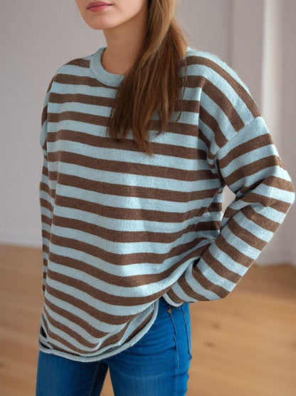 Distressed Striped Round Neck Long Sleeve Sweater-Angel Casuals