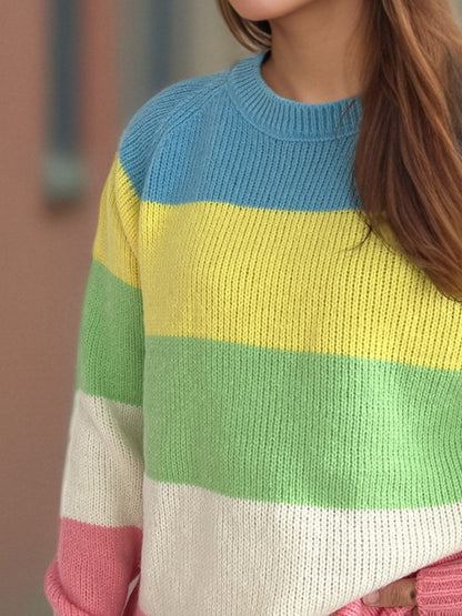 Color Block Round Neck Long Sleeve Sweater-Angel Casuals