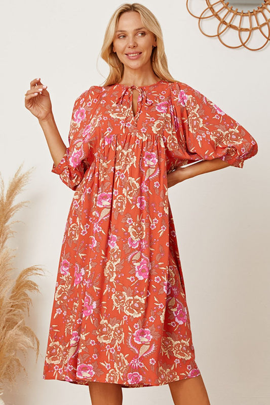 Floral Tie Neck Half Sleeve Dress-Angel Casuals