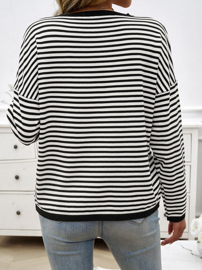 Devine Striped Round Neck Dropped Shoulder Sweater-Angel Casuals