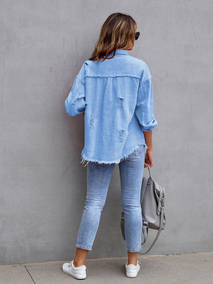 Distressed Drop Shoulder Denim Jacket-Angel Casuals