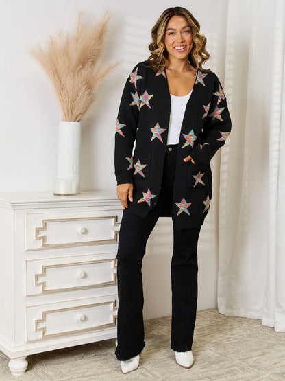 Angel Wings Star Pattern Open Front Cardigan with Pockets-Angel Casuals