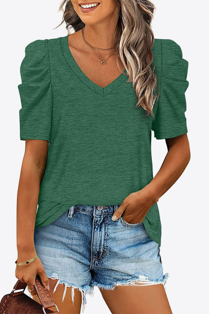 V-Neck Puff Sleeve Tee-Angel Casuals