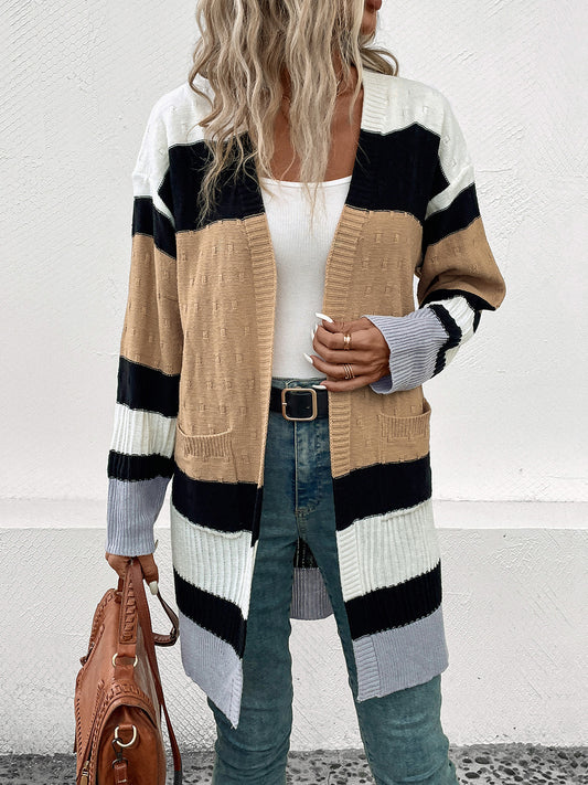 Perfee Color Block Open Front Drop Shoulder Cardigan-Angel Casuals