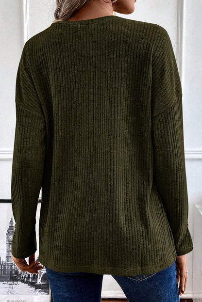 Ribbed Half Button Long Sleeve Knit Top-Angel Casuals