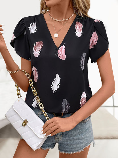 Printed V-Neck Short Sleeve Blouse-Angel Casuals