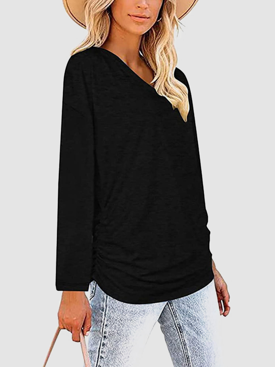 Ruched V-Neck Long Sleeve T-Shirt-Angel Casuals