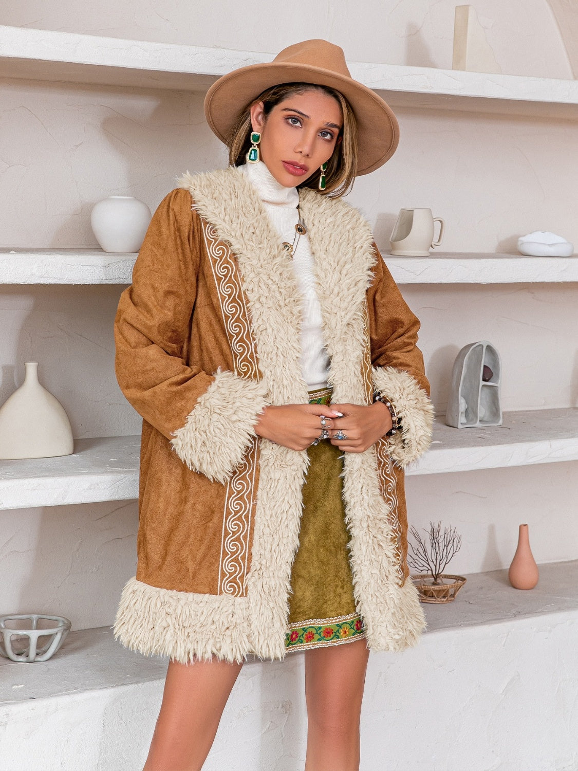 Fuzzy Open Front Long Sleeve Outerwear-Angel Casuals