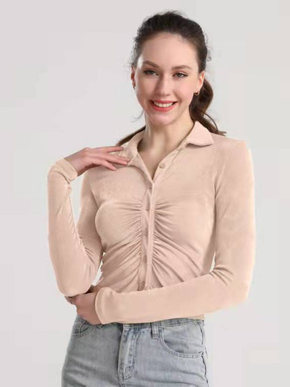 Ruched Button Up Long Sleeve T-Shirt-Angel Casuals