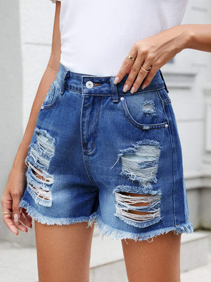 Distressed Raw Hem Denim Shorts-Angel Casuals