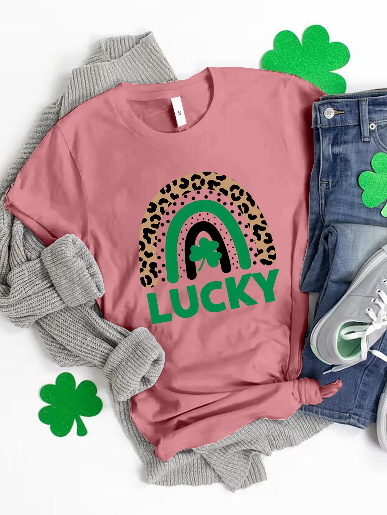 LUCKY Round Neck Short Sleeve T-Shirt-Angel Casuals