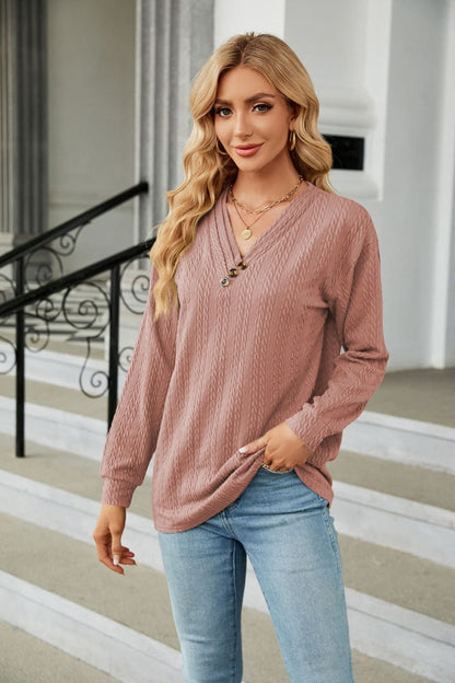 Decorative Button V-Neck Long Sleeve T-Shirt-Angel Casuals