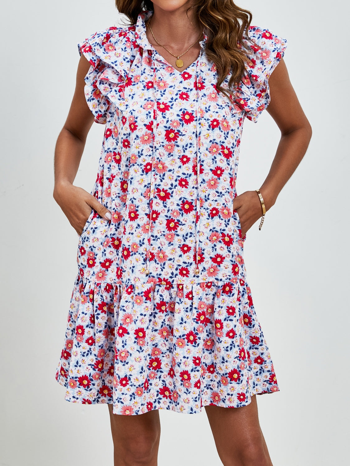 Tied Floral Cap Sleeve Mini Dress-Angel Casuals