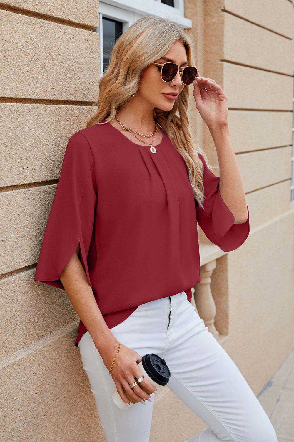Round Neck Slit Half Sleeve Top-Angel Casuals