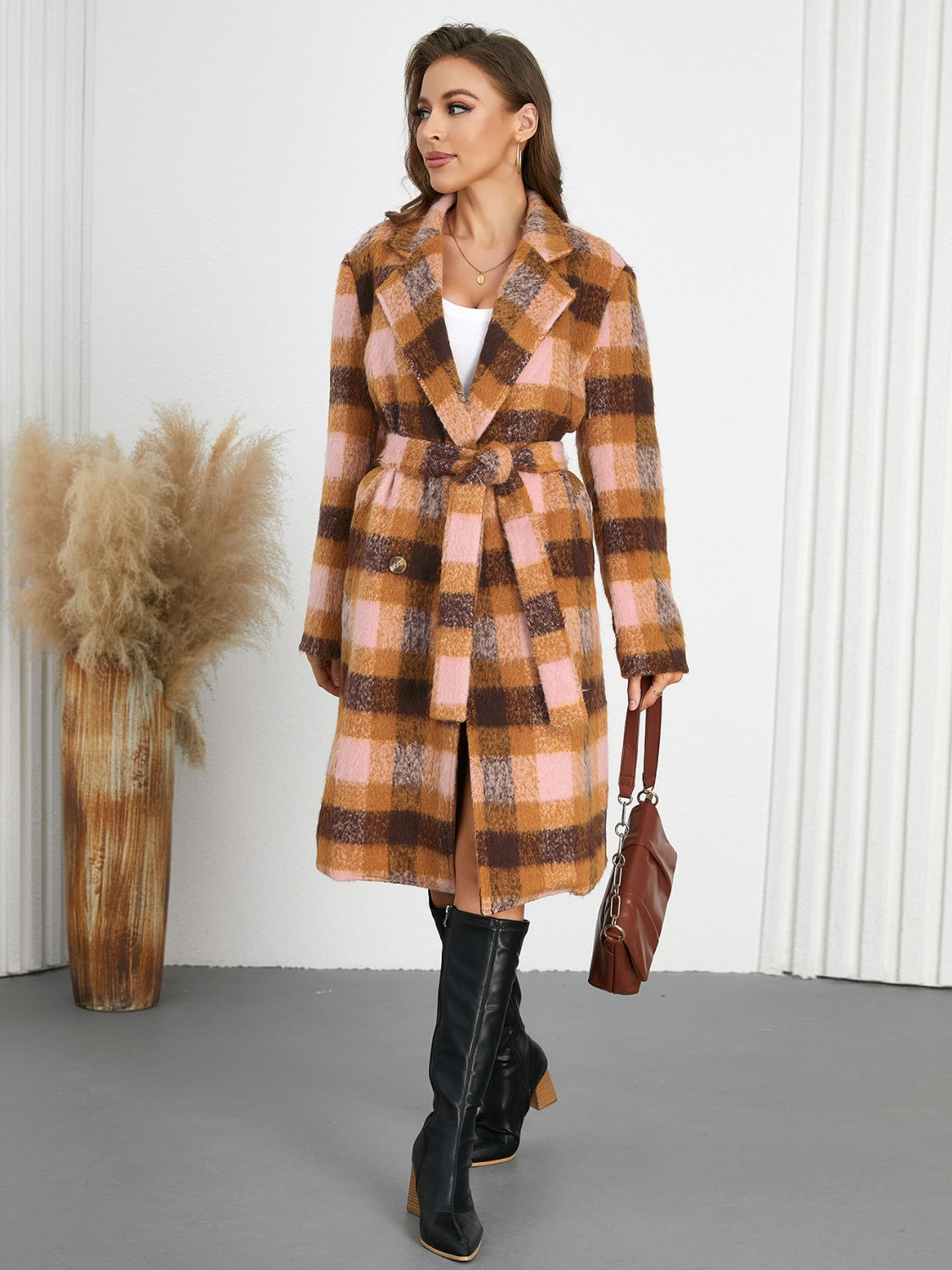 Tied Plaid Collared Neck Coat-Angel Casuals