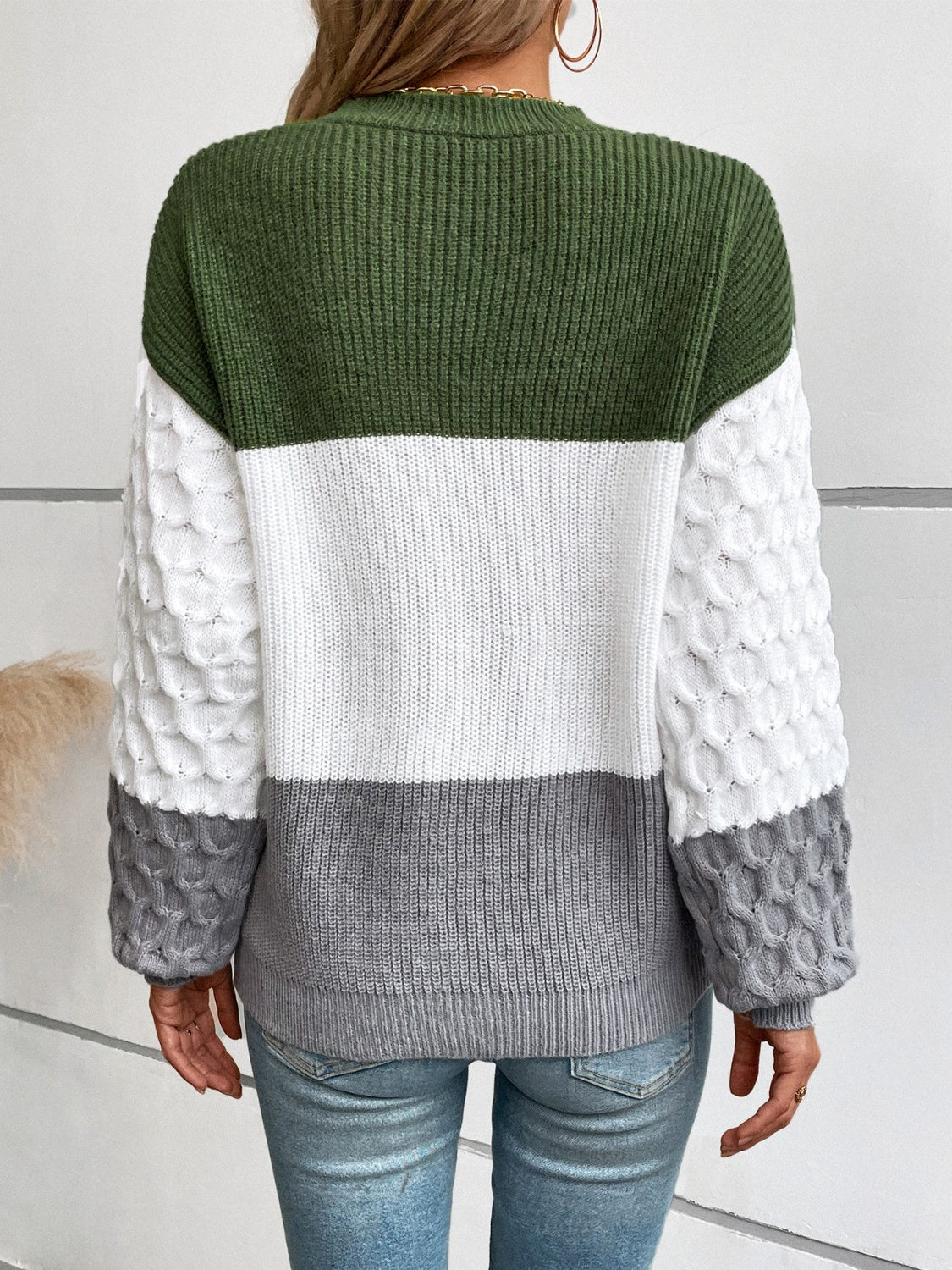 Color Block Round Neck Long Sleeve Sweater-Angel Casuals