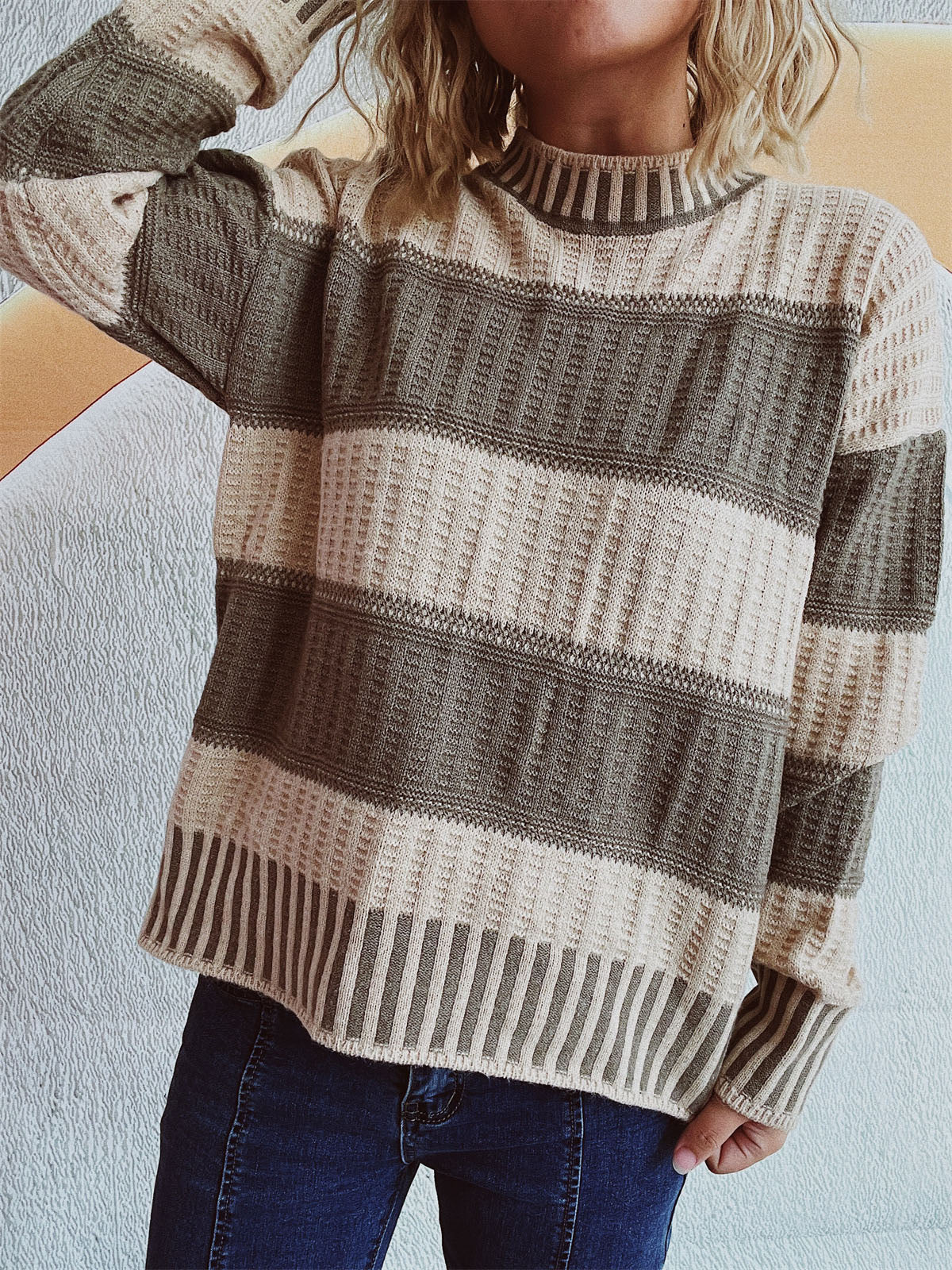 Contrast Round Neck Long Sleeve Sweater-Angel Casuals