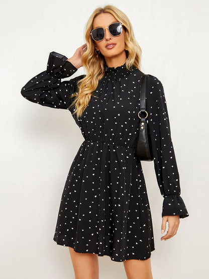 Printed Long Flounce Sleeve Frill Neck Dress-Angel Casuals