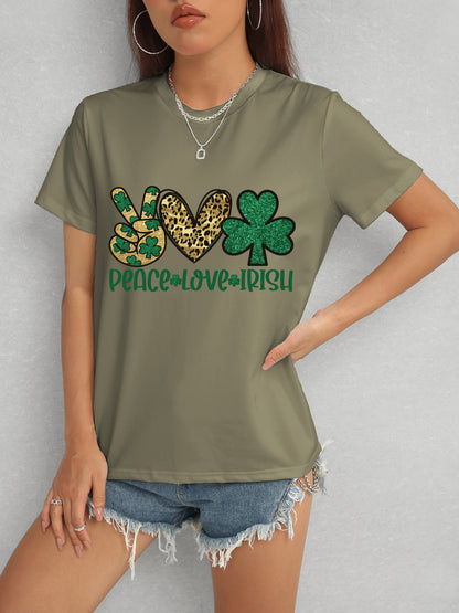 PEACE LOVE IRISH Round Neck Short Sleeve T-Shirt-Angel Casuals
