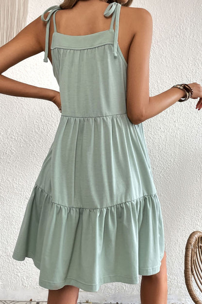 Tie-Shoulder Tiered Dress with Pockets-Angel Casuals