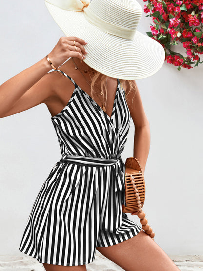 Striped Tie Waist Spaghetti Strap Romper-Angel Casuals