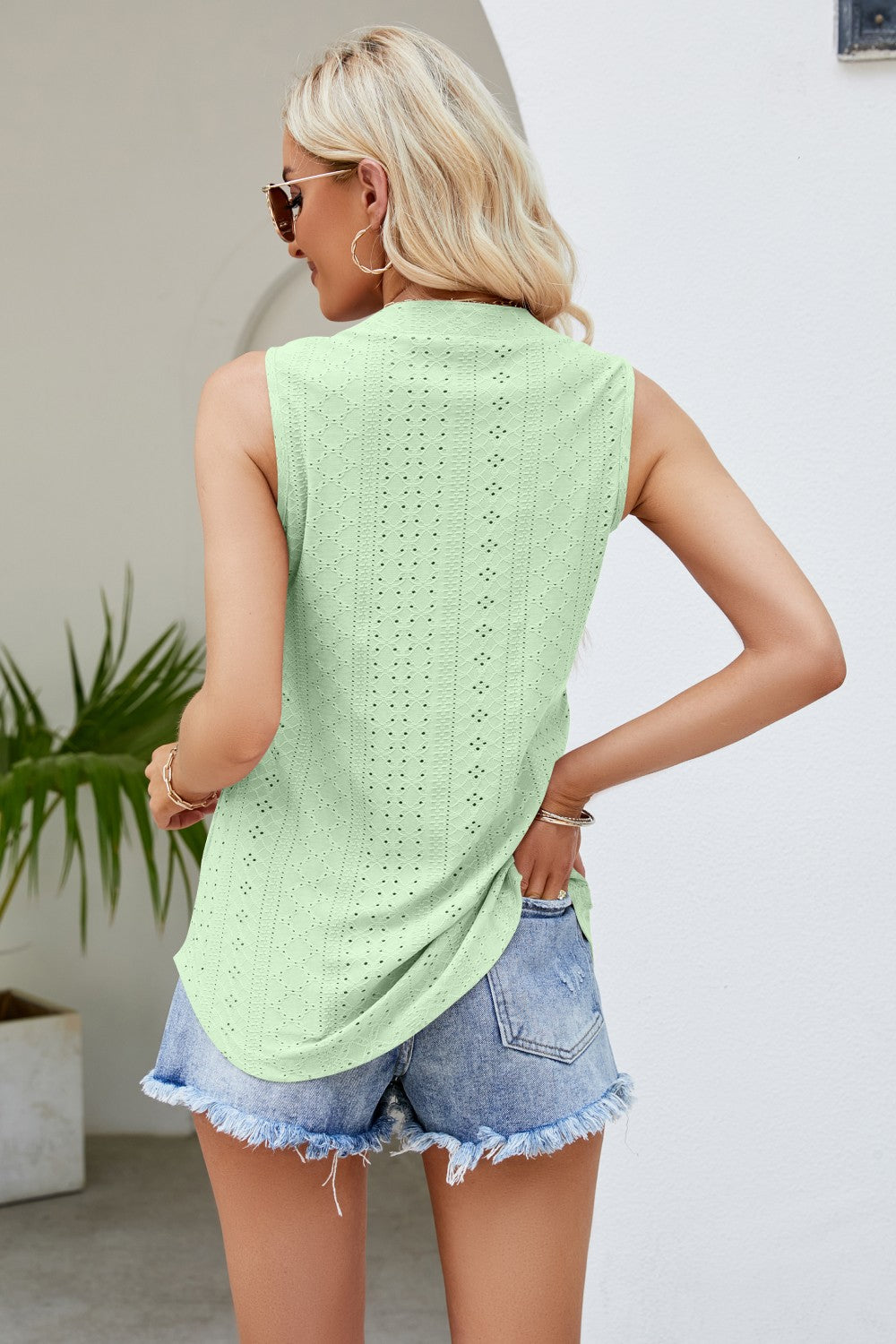 Notched Neck Curved Hem Eyelet Tank-Angel Casuals