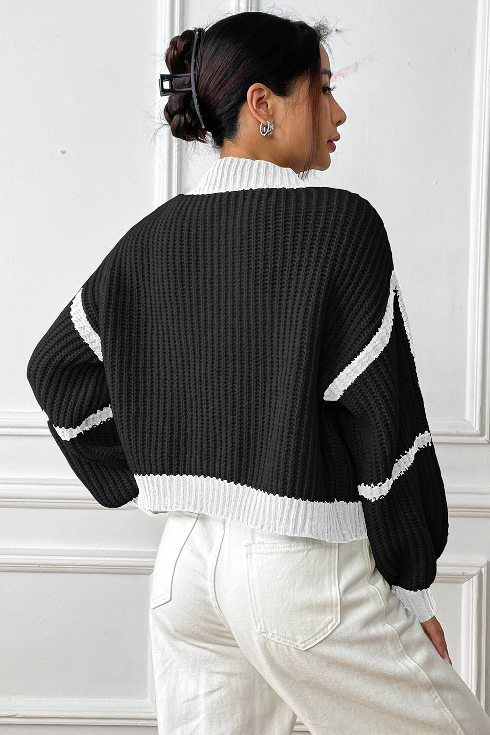 Contrast Open Front Long Sleeve Cardigan-Angel Casuals