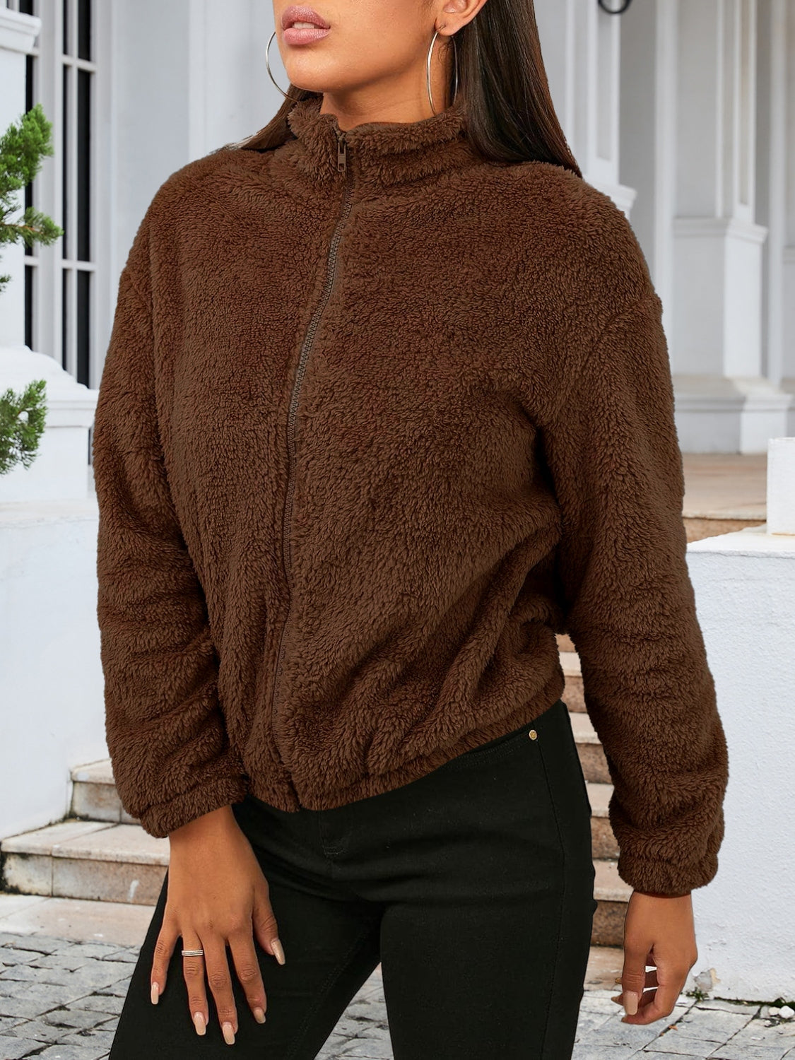 Zip Up Turtleneck Long Sleeve Jacket-Angel Casuals