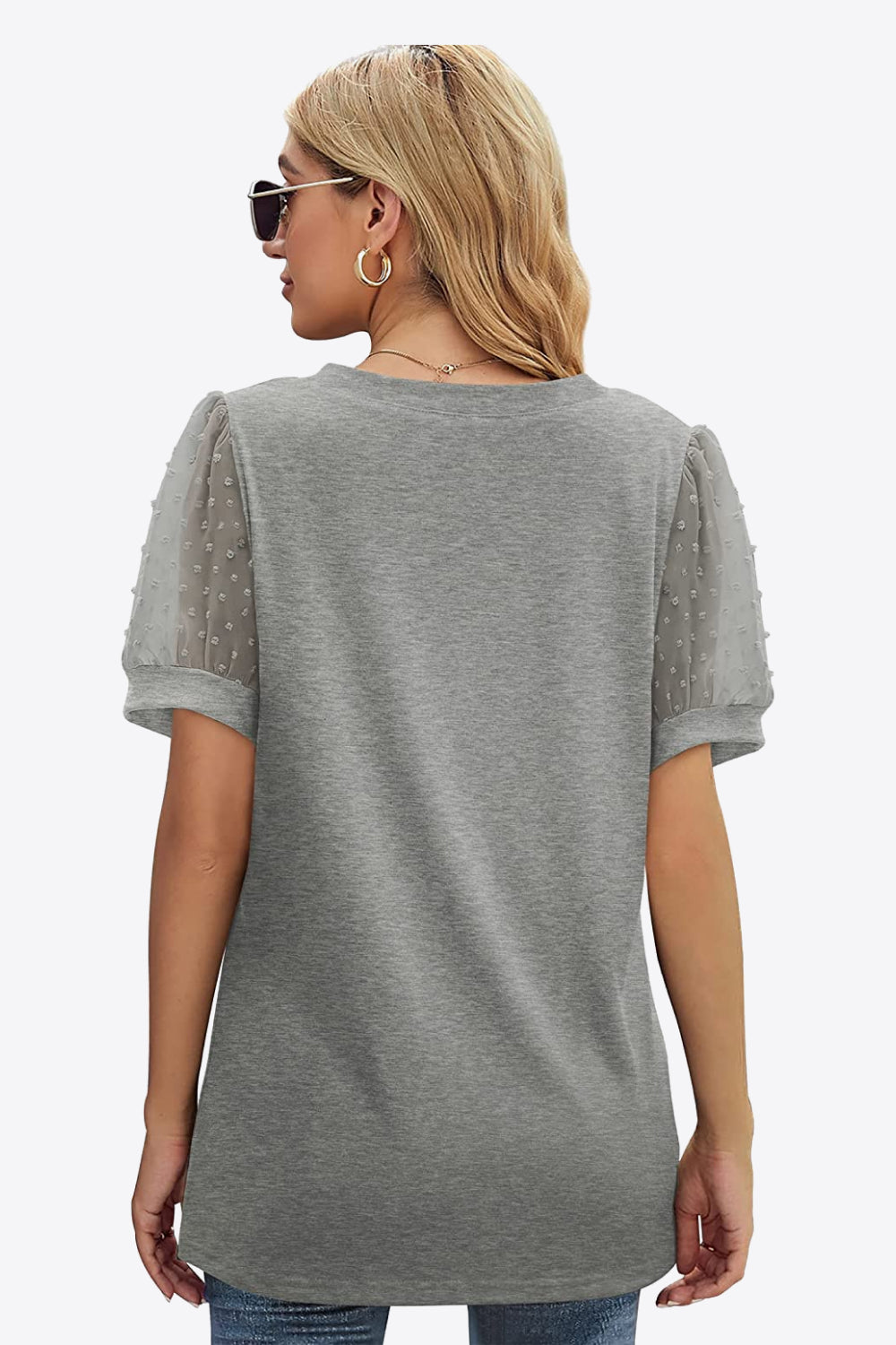 Swiss Dot Puff Sleeve V-Neck Tee-Angel Casuals