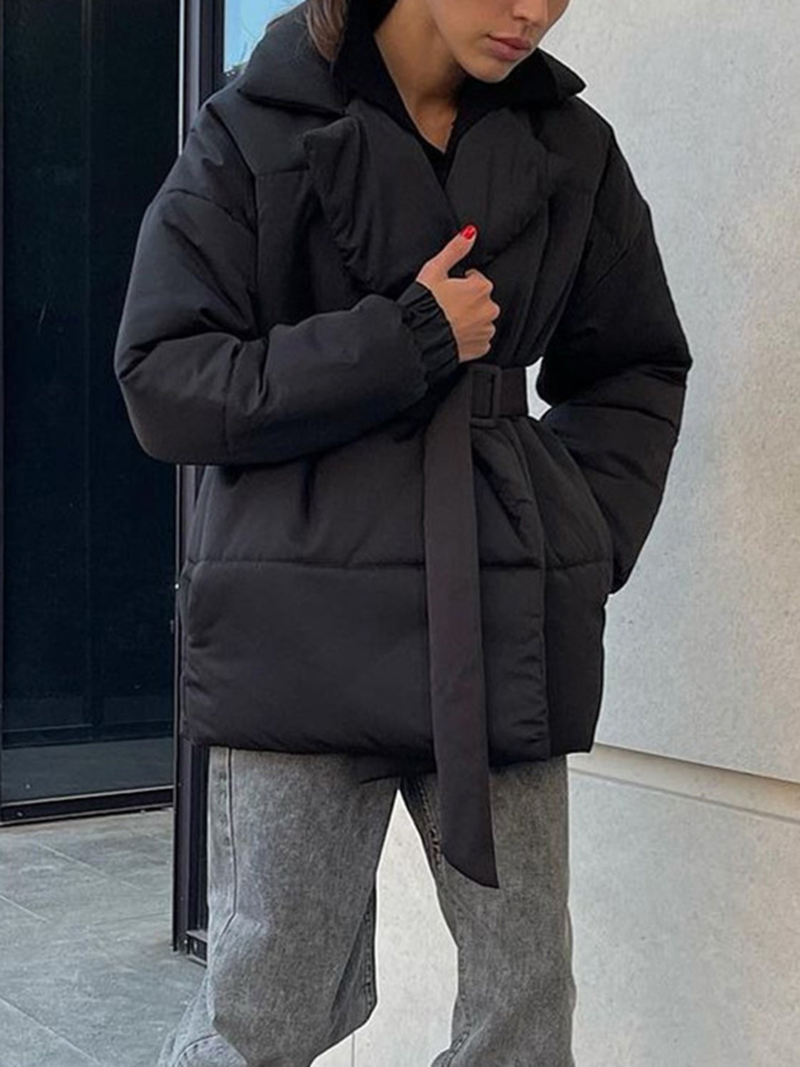 Puffer Long Sleeve Winter Coat with Belt-Angel Casuals