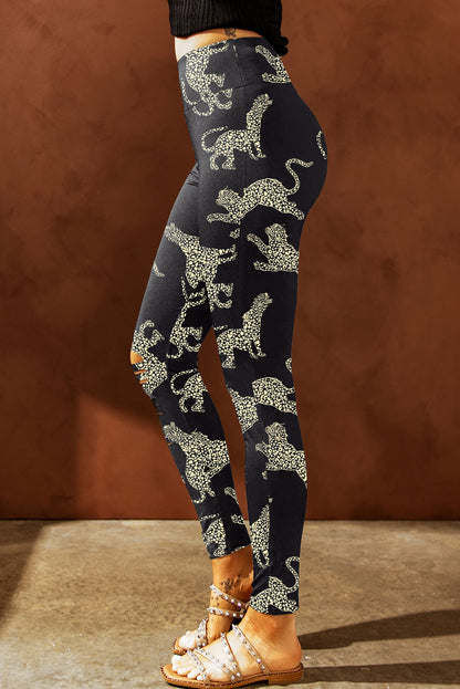 Animal Printed Distressed High Waist Leggings-Angel Casuals