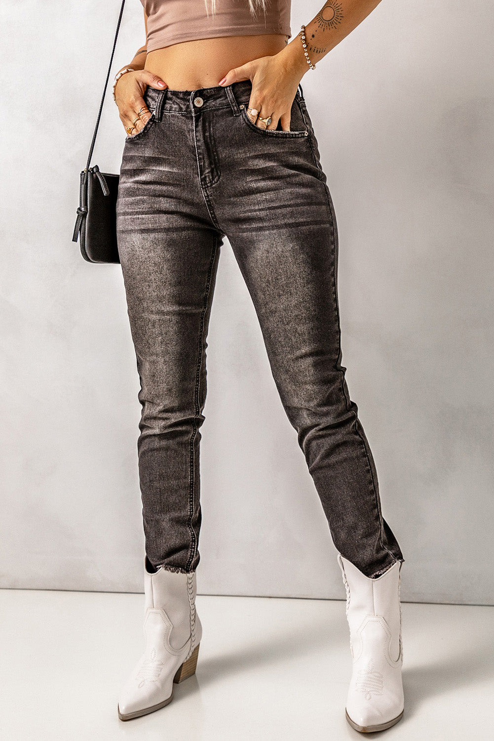 High Waist Raw Hem Skinny Jeans-Angel Casuals