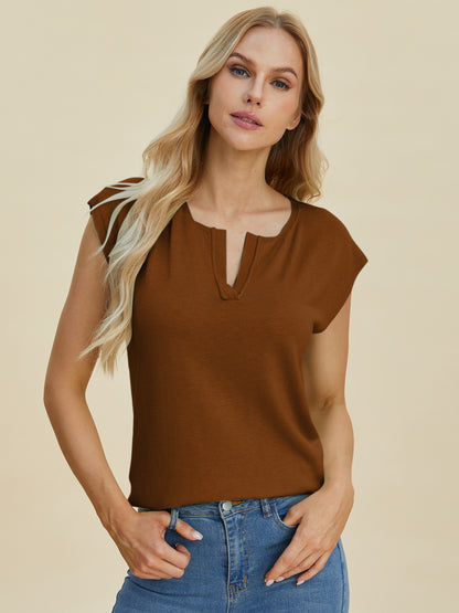 Double Take Full Size Notched Cap Sleeve Knit Top-Angel Casuals