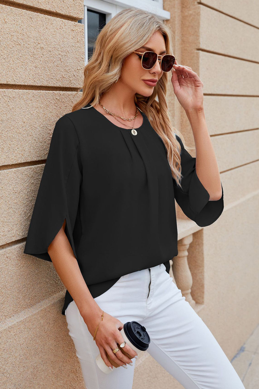 Round Neck Slit Half Sleeve Top-Angel Casuals